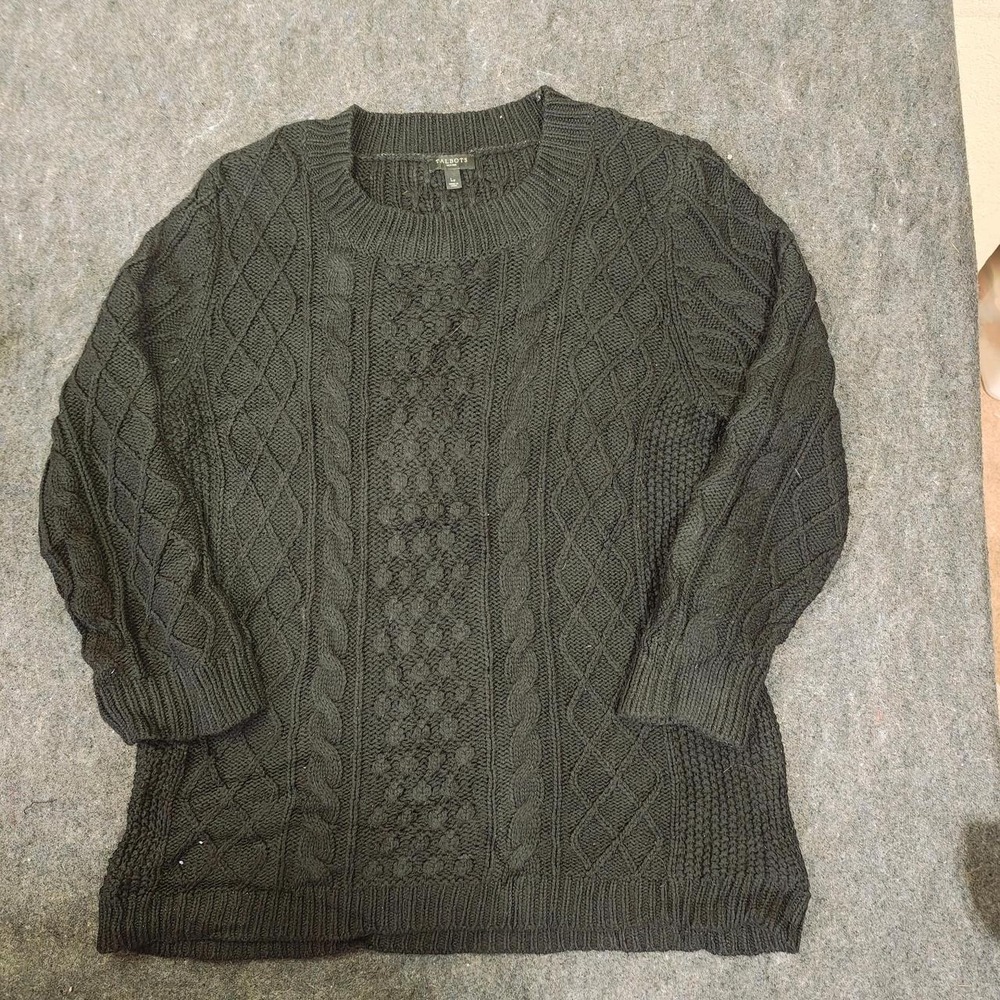 Talbots Petites Black Cable Knit Sweater Cotton Wool Blend Size LP